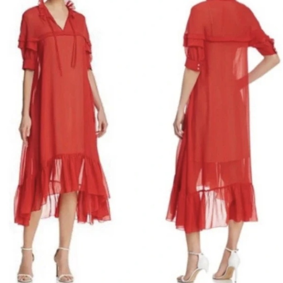 Sandro Paris Red Ruffled Midi Dress – Size 36 small - Picture 7 of 9
